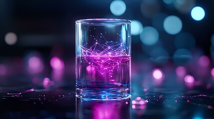 Poster - Glowing neon pink and blue liquid in glass creates magical effect against dark background with bokeh lights, modern abstract composition for beverage or science concept.