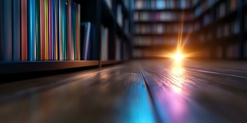 Poster - Blurred library interior with colorful light reflections on wooden floor and bookshelves in background, creating mystical atmosphere with sunburst effect.