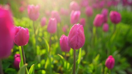 Poster - Explore Vibrant Tulip Fields During Sunset in Spring Showcasing Natures Beauty and Colors