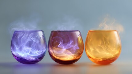 Poster - Mystical smoke swirls inside colorful glass bowls in purple, red and orange creating ethereal atmospheric effect against dark background.