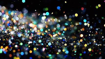 Poster - Colorful bokeh lights scattered against dark background creating magical sparkle effect, defocused glowing dots in motion for festive atmosphere.