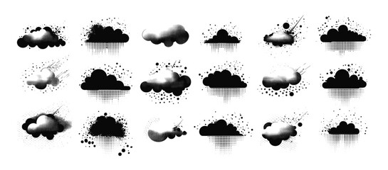 Wall Mural - clouds with distortion black ink vector set. sky fluid puffs motion soft swirls digital atmosphere t
