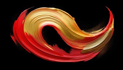 Fototapete -  vibrant red and gold acrylic brushstroke swirl on black background for modern web design, luxury branding, and high impact print media art