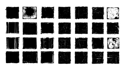 Poster - Grunge squares black ink vector set. Distressed geometry shapes dirty overlay decay rough edges weathered effect chaotic torn paper splatters monochrome eroded surface isolated on white backdrop