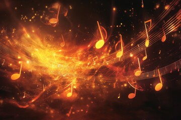 Poster - Musical notes swirl in vibrant colors creating an energetic backdrop for creative expression and sound, Musical Notes, Rendering, Background,