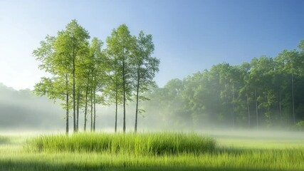 Poster - Verdant Forest Morning: An idyllic scene unfolds as fog embraces a lush forest clearing, the soft morning light filtering through the fresh green foliage.