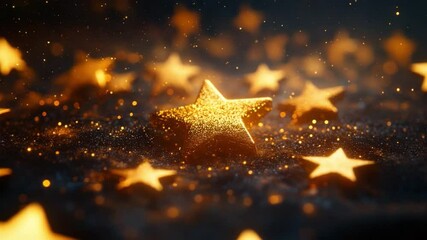 Poster - Celestial Shimmer: An array of radiant golden stars twinkle against a dark, evocative background, evoking a sense of wonder and cosmic beauty, perfect for conveying aspirations and celebration.