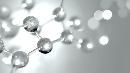 Poster - Molecular structure closeup in monochrome gray with spherical atoms and connecting bonds on blurred background showing scientific research concept.