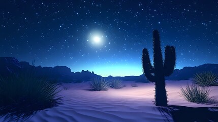Wall Mural - desert cactus silhouette in moonlit sandy terrain under a vivid night sky with clear stars and soft 