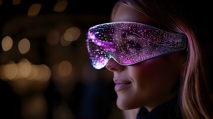 Poster - Young woman wearing futuristic purple glowing smart glasses with sparkle effects against dark background with bokeh lights, showcasing advanced technology concept.