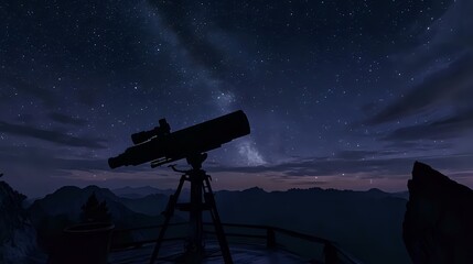 Wall Mural - silhouette of a telescope on a mountain observatory platform under a deep night sky with stars and t