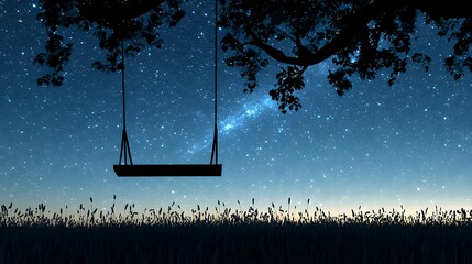 Wall Mural - silhouette of a swing hanging from a tree branch in a peaceful field beneath a starry sky