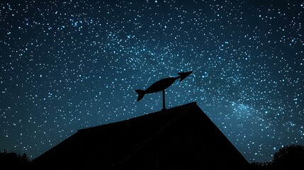 Wall Mural - weather vane silhouette on a barn roof pointing against a star-filled night sky, clean contrast