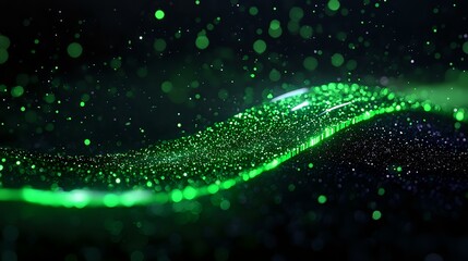 Poster - glowing green particles form dynamic wave pattern against dark background with floating bokeh lights