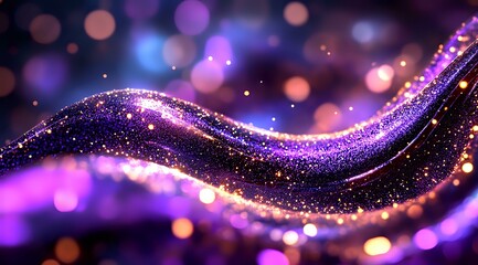 Aufkleber - Abstract glowing wave with sparkling particles on dark background, purple and pink bokeh lights creating magical flowing motion effect.