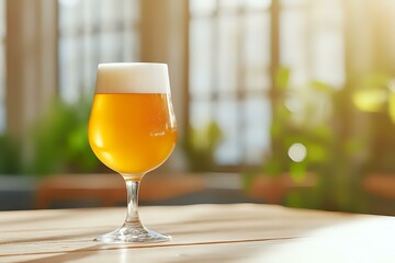 Poster - Glass of cold craft beer with foam head on wooden table against blurred window background with warm sunlight and bokeh effect.