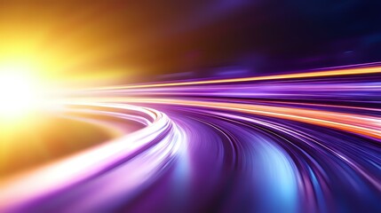 Aufkleber - Curved light trails in motion creating dynamic speed effect with vibrant purple, orange and yellow colors against dark background, abstract technology concept.
