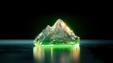 Poster - Glowing crystal mountain formation with green neon light reflection on dark water surface creates mystical atmosphere for fantasy and spiritual concepts.