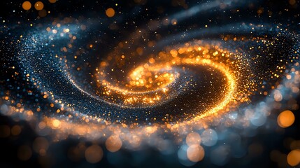 Poster - Spiral galaxy with glowing orange and blue cosmic dust in deep space, swirling nebula pattern with bright stars and luminous particles against dark background.