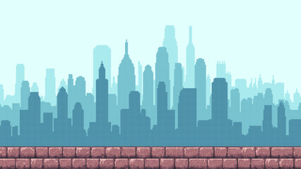 Poster - Pixel art game level background with blue cityscape silhouette and brick platform. Retro video game. Vector graphics.