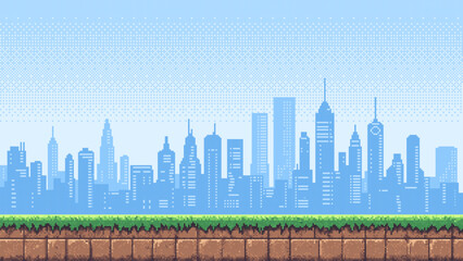 Aufkleber - Pixel art game level background with blue cityscape skyline, green grass. Retro gaming scene. Vector graphics.