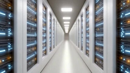 Aufkleber - Data Center Corridor: A mesmerizing visual journey down the pristine corridor of a state-of-the-art data center, where rows of servers hum with digital life.