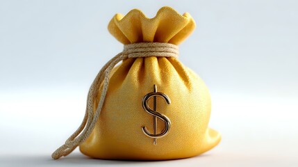 Poster - Golden money bag with dollar symbol tied with rope on white background, isolated financial wealth concept for banking and investment designs.