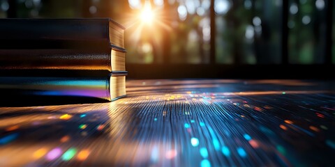 Poster - Stack of books on wooden surface with magical rainbow light effects and sun rays through forest background creating mystical educational atmosphere.