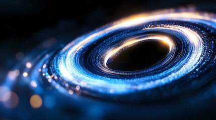 Poster - Glowing spiral vortex with luminous blue light trails and bokeh effects against dark background creates futuristic cosmic atmosphere for science and technology concepts.