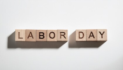 Poster - wooden blocks spelling labor day in natural light casting soft shadows on white textured background, perfect for branding, print media, web design and holiday graphics