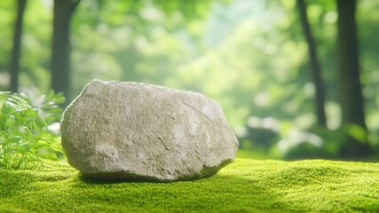 Poster - Stone in The Forest: A solitary stone rests peacefully in a vibrant green moss-covered field, with a lush forest background.