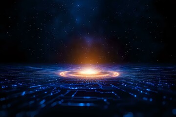 Poster - Glowing digital horizon with orange light burst on blue grid surface against starry space background, representing technological advancement and digital future.