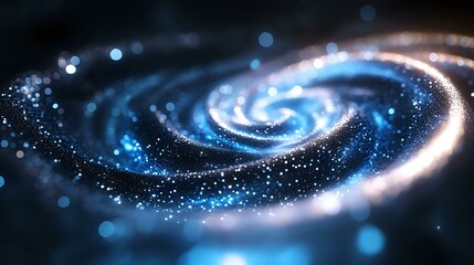Poster - Luminous spiral galaxy with glowing blue and white stars swirling in cosmic space against dark background, creating mesmerizing astronomical formation.