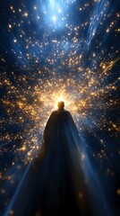 Poster - Silhouette of a person in cape against cosmic light explosion with glowing particles and rays creating magical atmosphere for fantasy book covers and posters.