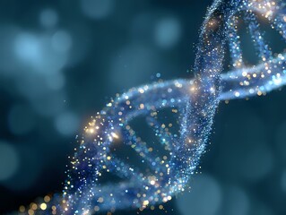 Poster - Glowing DNA helix structure with sparkling particles on dark blue background, scientific genetic concept visualization for medical and biotechnology designs.