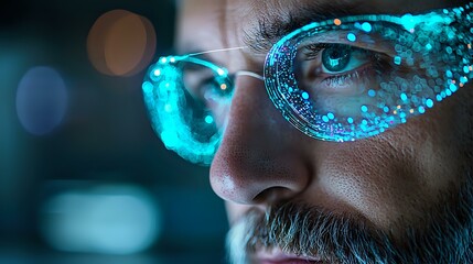Poster - Mature bearded man wearing futuristic glowing cyan glasses with digital particles effect in dark environment, side view close up portrait with bokeh background.