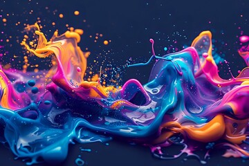 Poster - Vibrant liquid art with swirling neon colors of blue, pink, and orange creating dynamic abstract shapes against dark background, with splashing droplets and fluid motion.