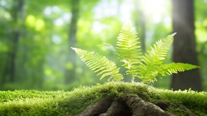 Poster - Lush Fern Amidst the Forest: A verdant fern, radiating freshness, emerges from a bed of moss, illuminated by sunlight filtering through a tranquil, inviting forest. 