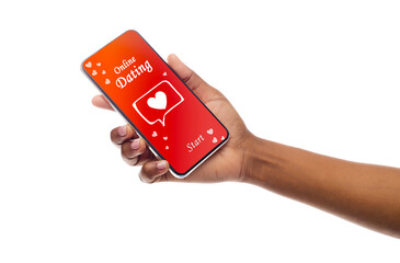 Aufkleber - Dating App Opened On Smartphone In African American Lady's Hand Isolated On White. Closeup, Panorama With Empty Space