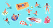 © ssstocker - People swim in sea water. Man woman swimming ocean above top view, children play ball game float inflatable ring summer beach activities swimmers, set classy vector illustration