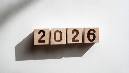 Poster - natural wood block number 2026 on white textured background with long soft shadow in morning light for new year concept, perfect for calendar design, minimalist branding, or modern web graphic

