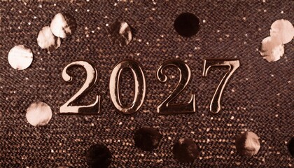 Poster - metallic 2027 candle numbers on shimmering glitter fabric with rose gold polka dots, festive party decor for new year design, greeting card, invitation, banner or celebration background

