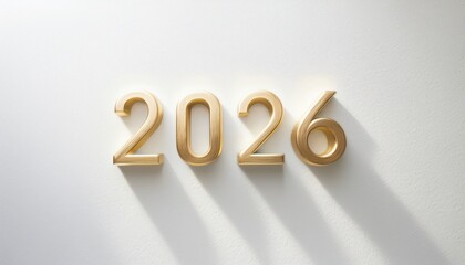 Poster - golden 2026 number design casting elegant shadows on white textured wall, ideal for new year web banner, corporate greeting card, branding, or minimalist holiday print graphic

