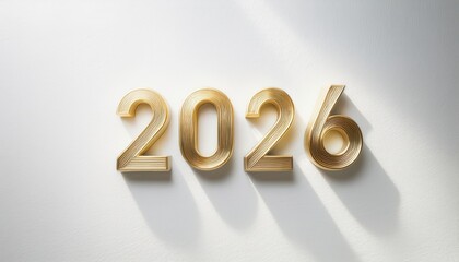 Poster - golden 2026 number design casting elegant shadows on white textured wall, ideal for new year web banner, corporate greeting card, branding, or minimalist holiday print graphic

