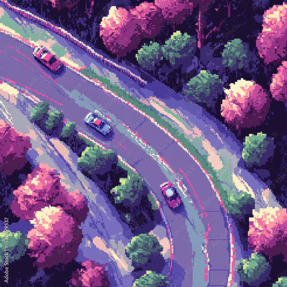Pixelated representation of a racing game track with sharp turns, speed ...