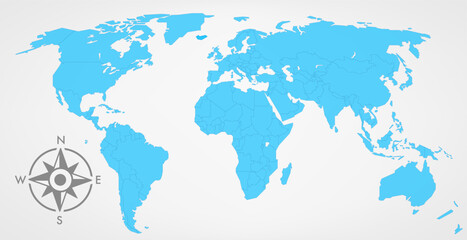 Poster - Blue world map with wind rose. 3d vector illustration