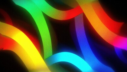 Poster - vibrant neon rainbow swirl on black background with glowing curved wave lines in red, yellow, green, cyan, blue, and violet for digital art, poster, web design, or branding concept


