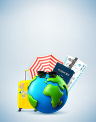 Poster - Summer travel concept with the Earth and travel elements. 3d banner with copy space
