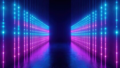 Poster - futuristic neon corridor with symmetrical vertical light bars in blue and pink tones for tech branding, cyberpunk wallpaper, sci-fi web design, or digital media background

