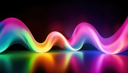 Poster - vibrant multicolor wave of neon light on black background with glossy reflection, perfect for web design, digital art, poster, or futuristic branding graphic


